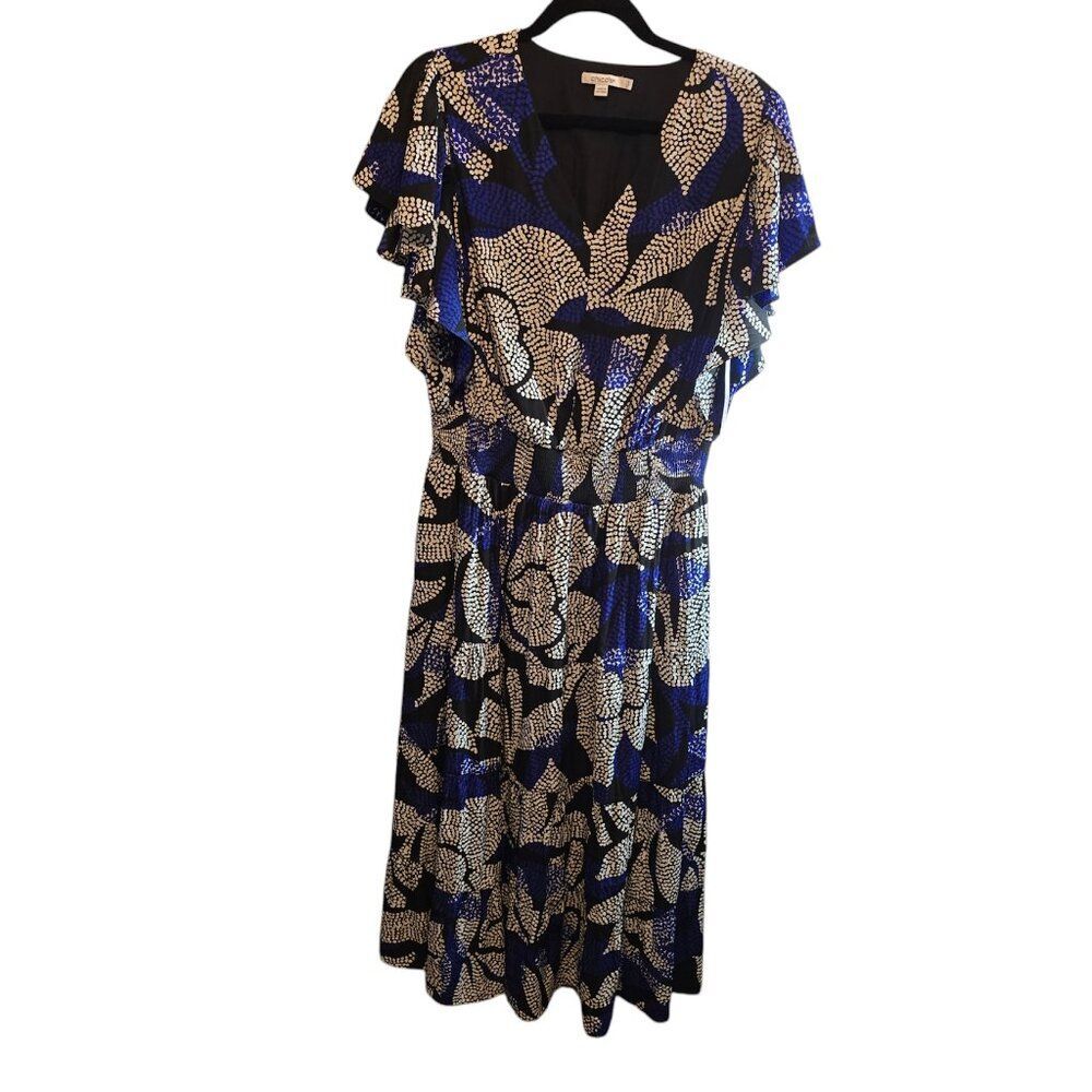 CHICOS FLORAL MAXI V-NECK DRESS SIZE 1.5 MEDIUM (SIZE 10) BLACK BLUE WHITE NWT
